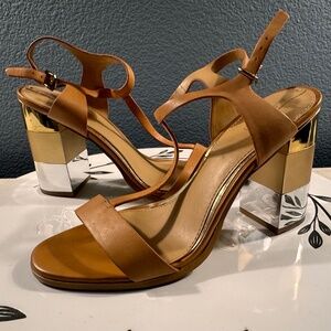 ALDO Pumps Shoes Sandals Brown w/ Gold and Silver Chunky Heel Size 8.5
